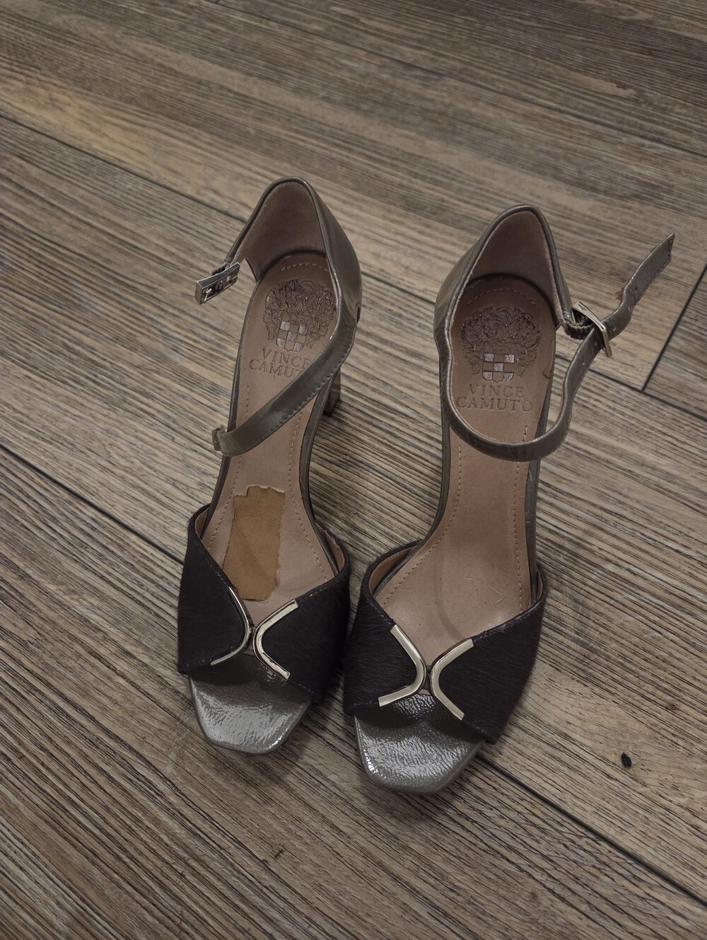 Vince Camuto Dark Gray and Metallic Silver Ankle-Strap Heels